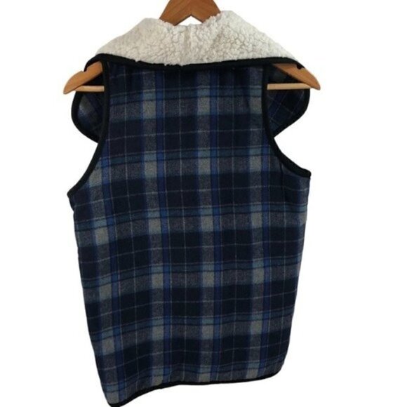 Nordstrom Buffalo Plaid Wool Blend Faux Fur Vest One Size Blue Gray Casual Cozy - Picture 4 of 8